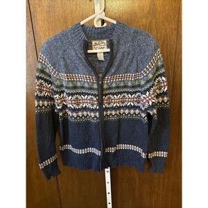 Vintage Heirloom Ramie Sweater Women Large Blue Nordic Full Zip Chunky 80's